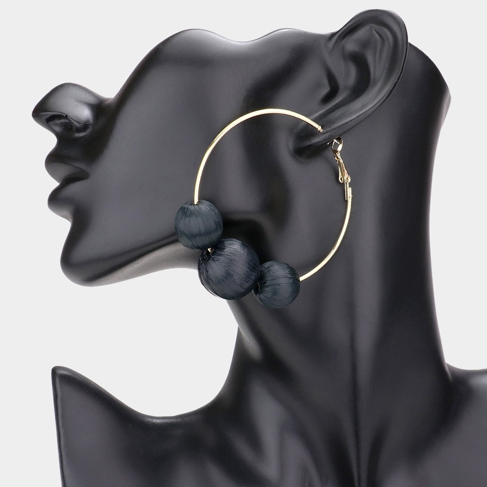 Elegant Raffia Wrapped Triple Ball Hoop Earrings - Picture 1 of 1